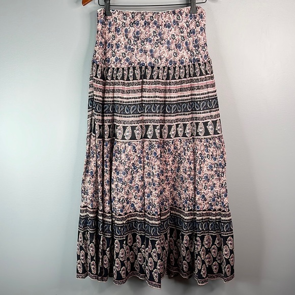 Chaps Floral Paisley Plisse Midi Skirt Bohemian Full Tiered Ruffled Size S - Picture 9 of 9